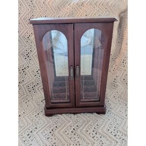 Vintage Art Deco Style Glass Wood 2 Door Jewelry Cabinet with Mirror